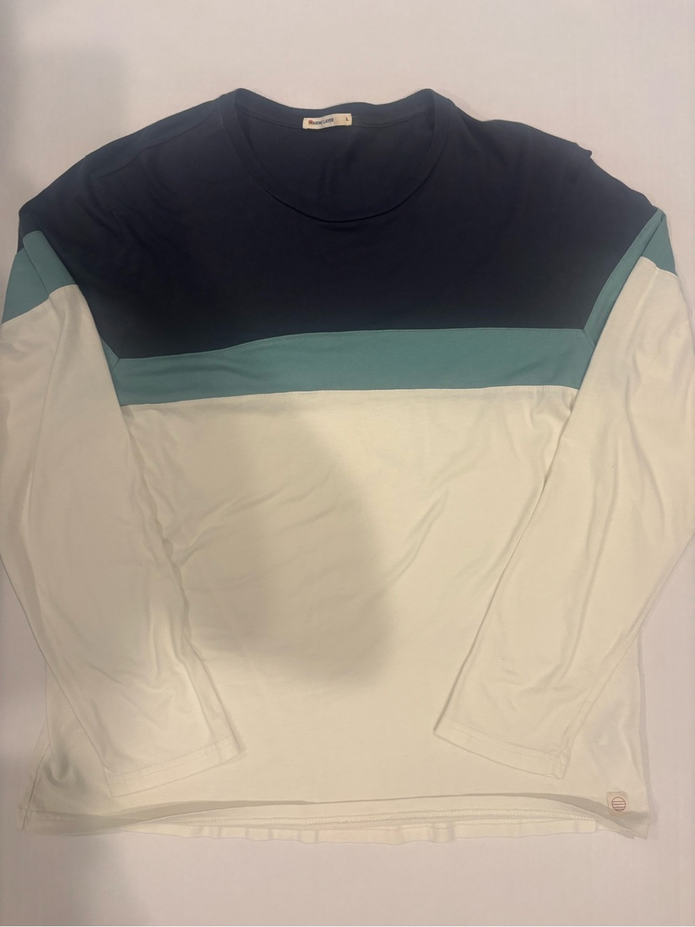 Marine Layer Men's L Jacob Long Sleeve T Shirt Color Block Pullover Blue Cream